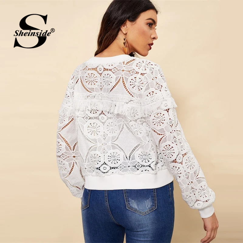 astounding  Sheinside White Elegant Hollowed Out Lace Jacket Women 2019 Back Frayed Edge Detail Jackets Ladies 