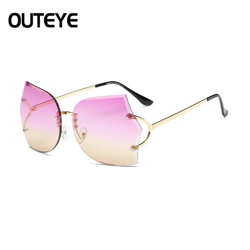 Rimless Cat Eye Sun Glasses For Women Brand Designer Hexagon Sunglasses Clear Eyewear Oversized Mirror Glass