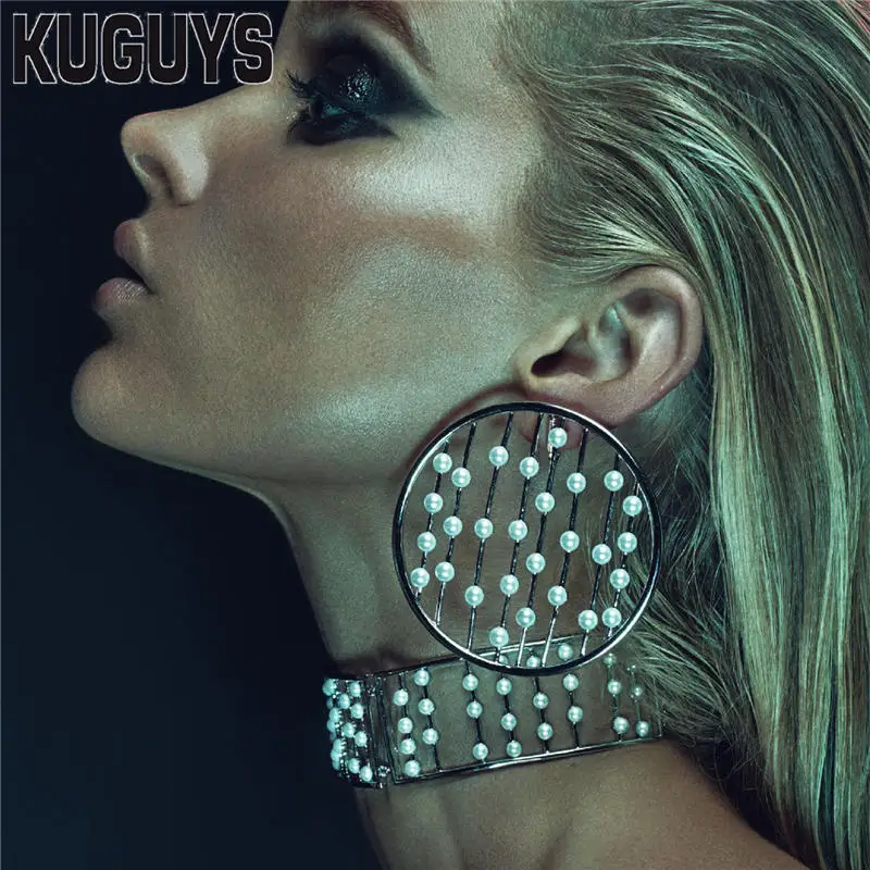 

KUGUYS Round Hollow Out Pearl Earrings for Womens Jewelry Oorbellen Pendientes Silver Vintage Large Hoop Earring Fashion Brincos