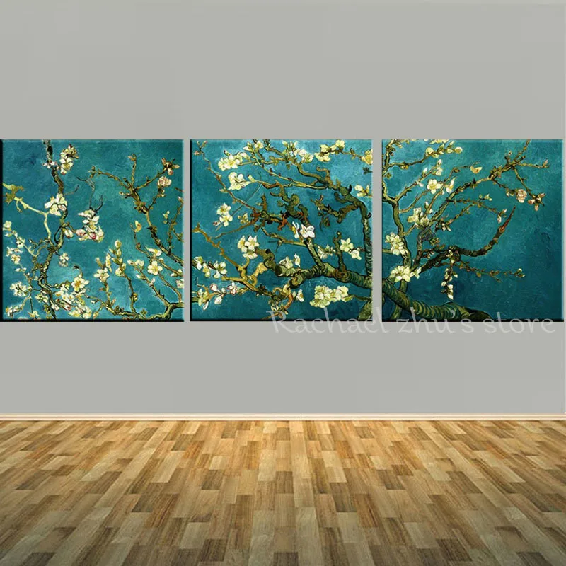 

Handpainted 3 Panles Blossoming Almond Tree Oil Painting Vincent Van Gogh Reproduction On Canvas Wall Art Picture For Home Decor