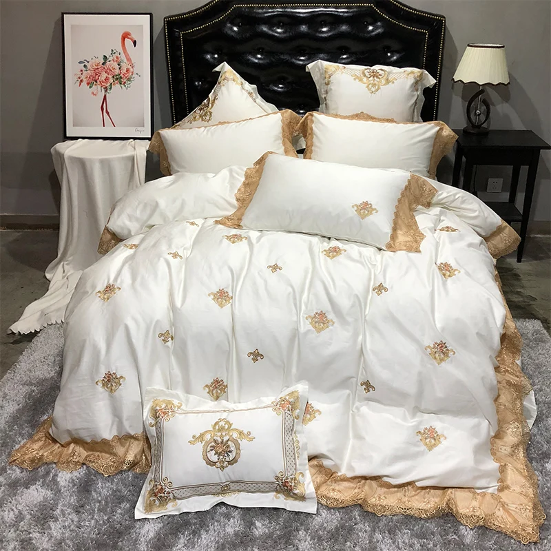 Golden Embroidery Royal Lace Egyptian Cotton Bedding Set