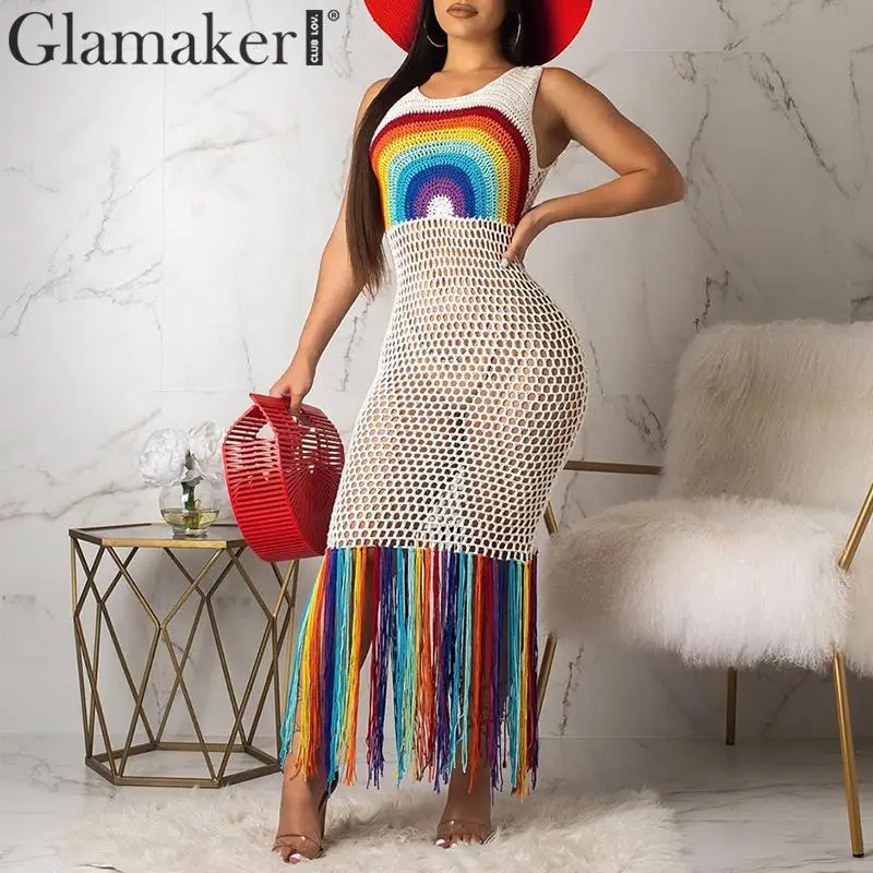 Glamaker вязание крючком Радуга кисточкой бахрома праздничное платье женское Элегантное открытое миди платье без рукавов летние пляжные платья