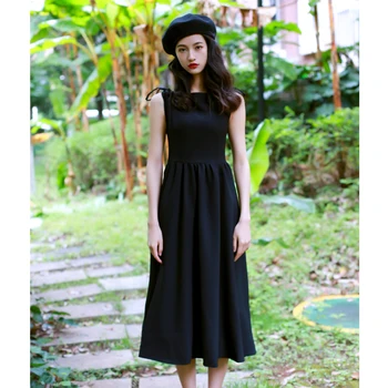 

Vintage Black Dress Hepburn Mid-Calf Spaghetti Strap Sleeveless Swing Midi Dress Ropa Mujer