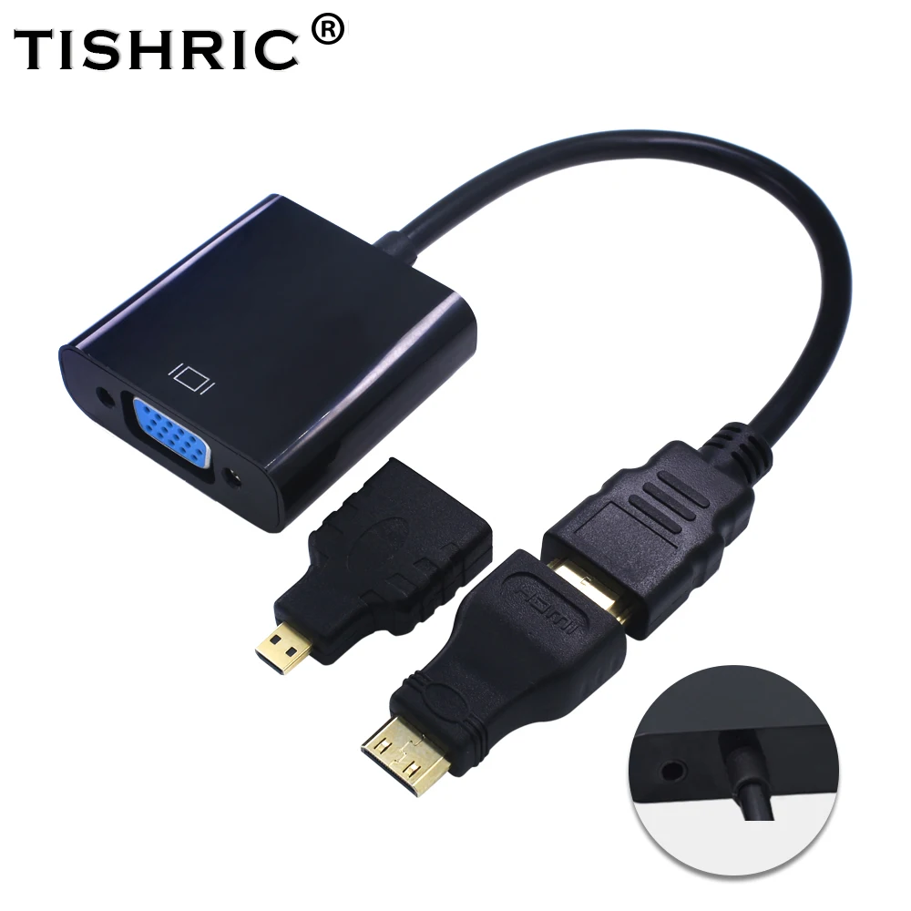TISHRIC For PC HDTV Display Projector 1080P 3in1 HDMI to VGA Cable Converter Adapter Audio +MINI HDMI Micro for HDMI connector TISHRIC For PC HDTV Display Projector 1080P 3in1 HDMI to VGA Cable Converter Adapter Audio +MINI HDMI Micro for HDMI connector