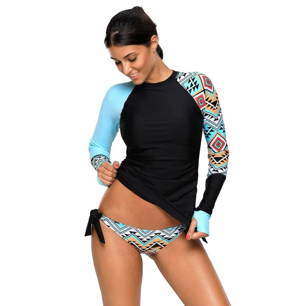 

New Summer Beach two Piece Long Sleeve Swimwear Bikini suit conservative printing two Piece Bathing Suit Surf Board Swimsuit