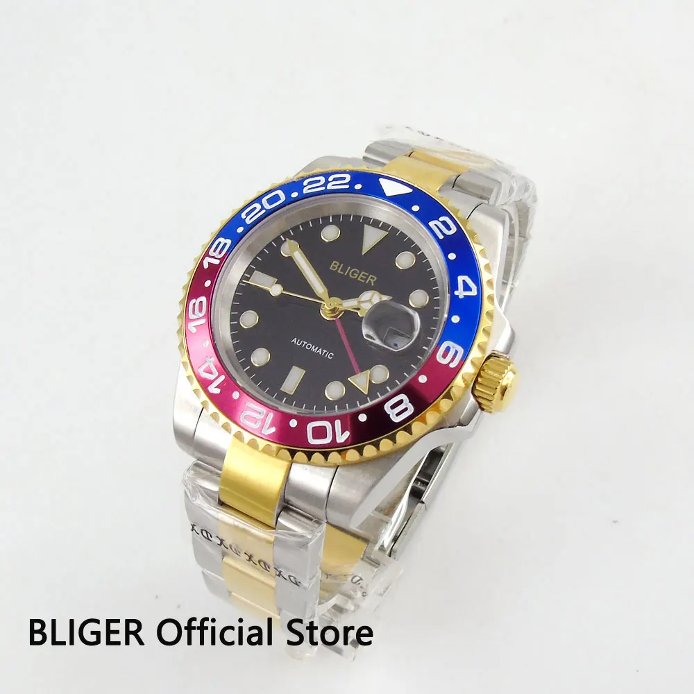 

BLIGER 40MM Black Dial Blue Red Rotating Bezel GMT Function Sapphire Gold Plated Luminous Automatic Movement Men's Watch B3