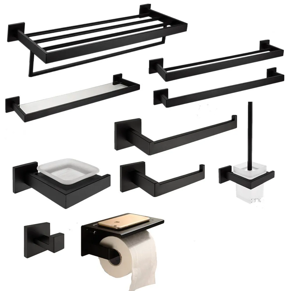 

Modern Simple 304 Stainless Steel Bathroom Hardware Set Black Oiled Bronze Square base Wall Mounted Soap dish Bathroom Pendants