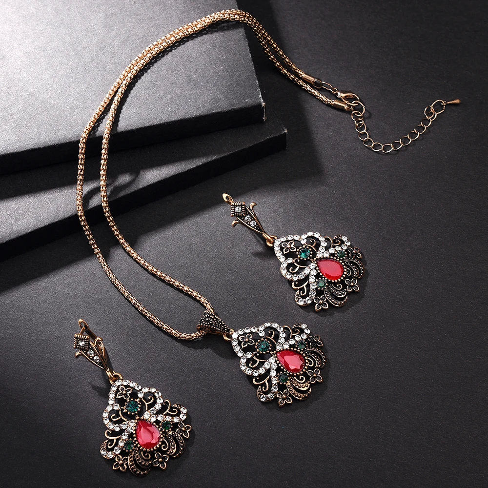 

Pearls Crystal Flower Necklace Sets Earring Women Vintage Gold color Sets Turkish Wedding Middle East Countries Jewelry