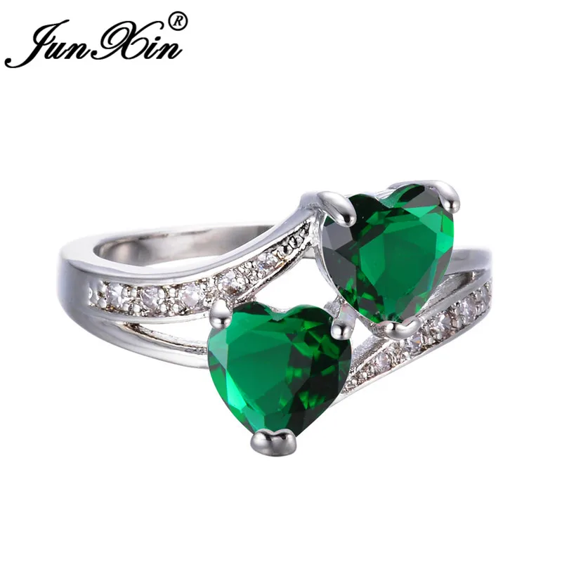 JUNXIN Rainbow Stone Double Heart Rings For Women 925 Sterling Silver Filled aaa Zircon Royal Blue/Purple Birthstone Ring Female