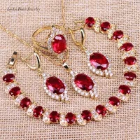 L& B Великолепный золотой цвет Красный кубический цирконий Белый Кристалл Ювелирные наборы браслеты цепь кулон серьги для женщин подарок
