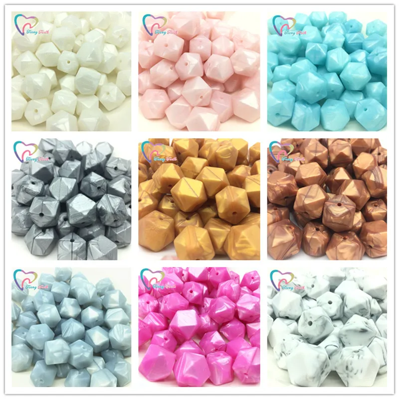 

Teeny Teeth 50 PCS 17MM Silicone Hexagon Metalic Colors & Marble White Teething Loose Beads For DIY Silicone Baby Chewable Items