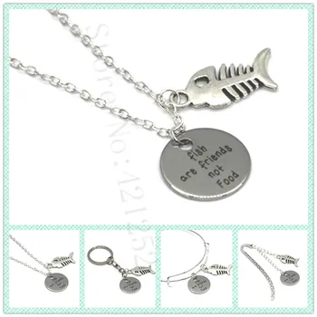 

12pcs/lot Finding Nemo quote Fish are friends not food necklace bracelet keyring bookmark fish bone charm necklace