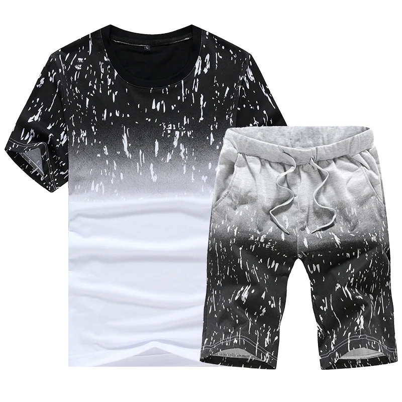 2019 Summer Men's Sportswear , Fashion Style Men's Round Neck Gradient Blue and White Short-sleeved Men sets
