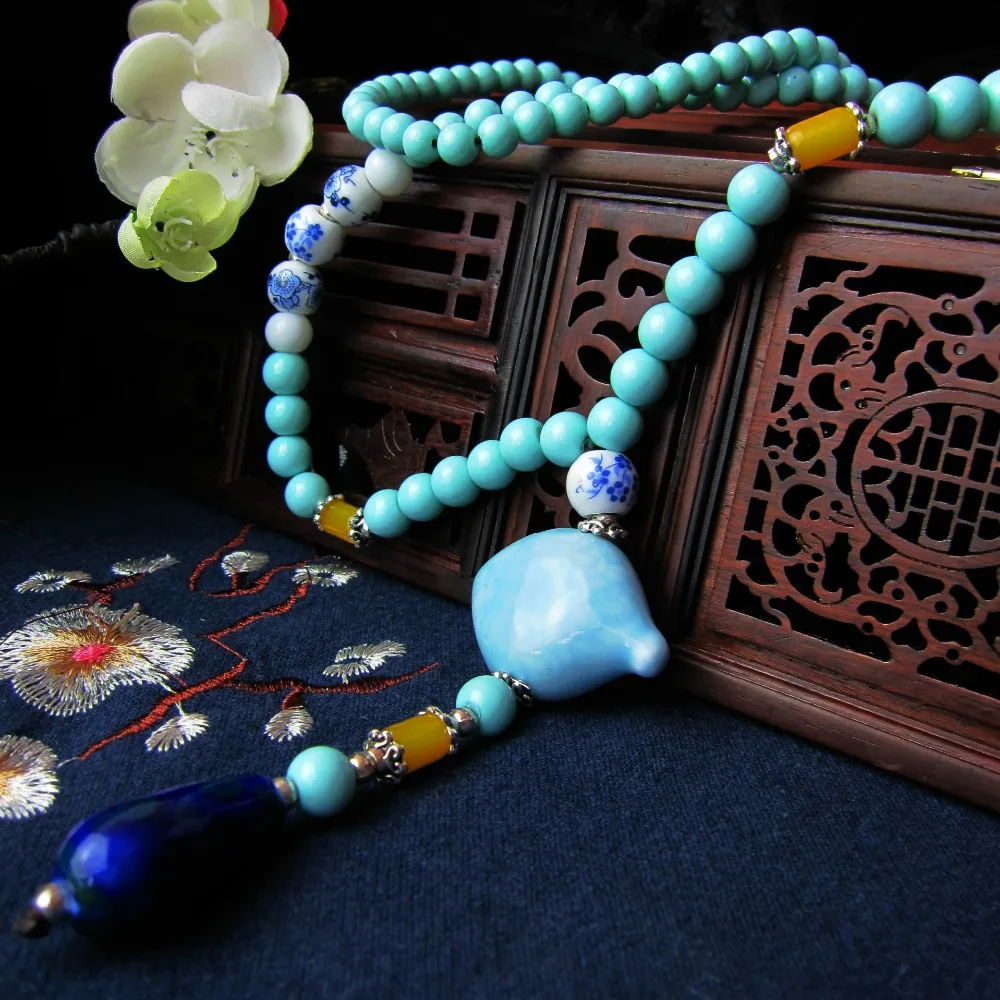 

QA347 New Fashion Geometric Pendant Necklace Long Beads Chain Boho Necklace Women Vintage Statement Jewelry