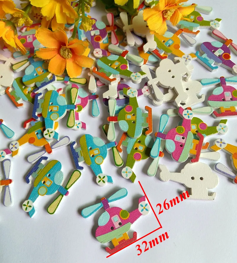 

30 Pcs Mixed Color Multicolor Helicopter Botones 2 Holes Wooden Buttons Sewing Accessories Scrapbooking Printing