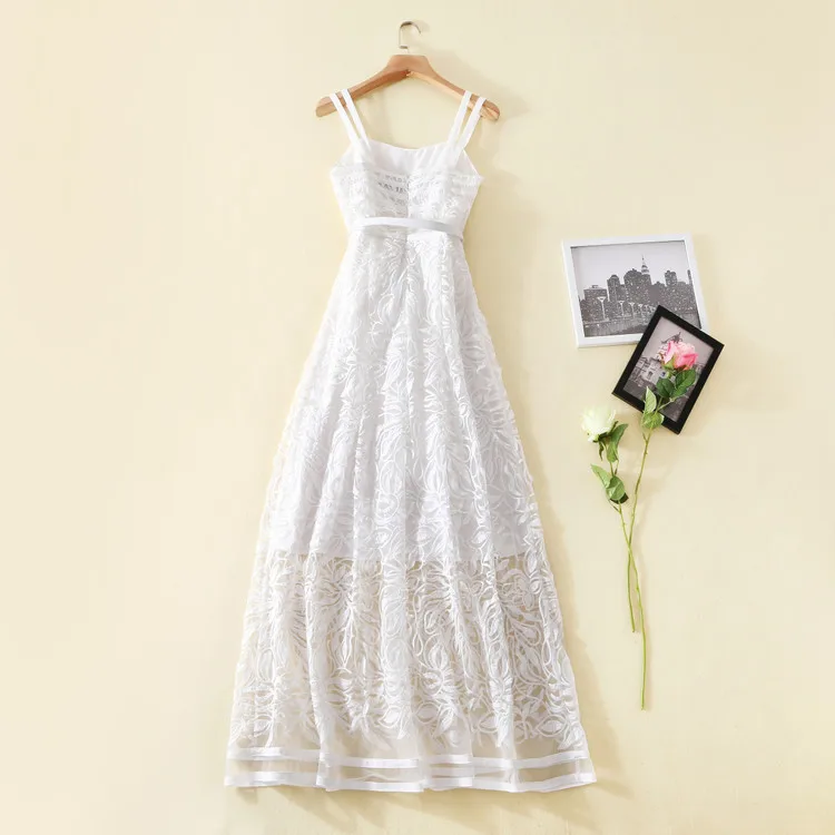 Весна и лето дизайнерское подиумное Новое Дамское Платье женское длинное Макси банкетное подтяжки вышитое белое красивое платье