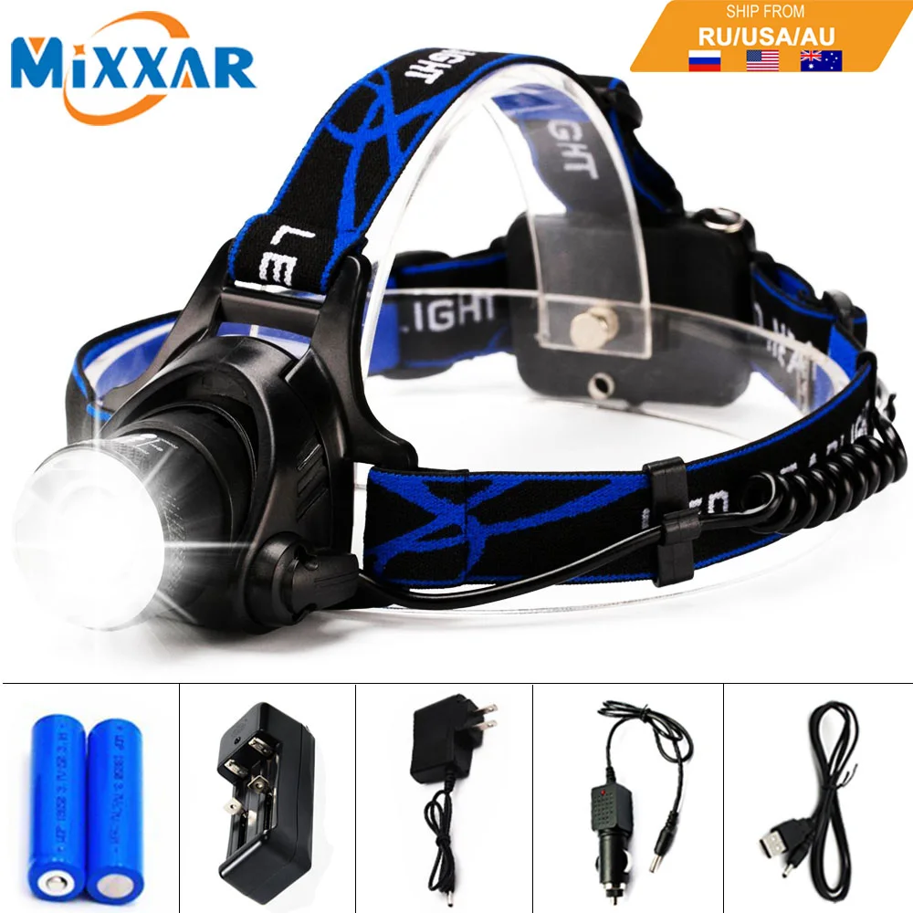 E Rechargeable LED Headlamp Flashlight Zoomable 3 Modes Adjustable Head