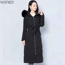 Зимние Для женщин куртка 90% Белое пуховое пальто ветровки натурального меха лисы воротник с капюшоном Теплый длинный тонкий куртка зимние пальто