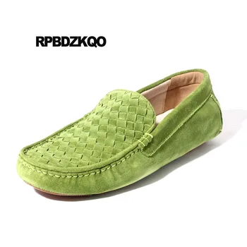 

Braided British Style Suede Nubuck Leather Shoes Men Slip On Woven Genuine Loafers Driving Real Flats Moccasins Breathable Green
