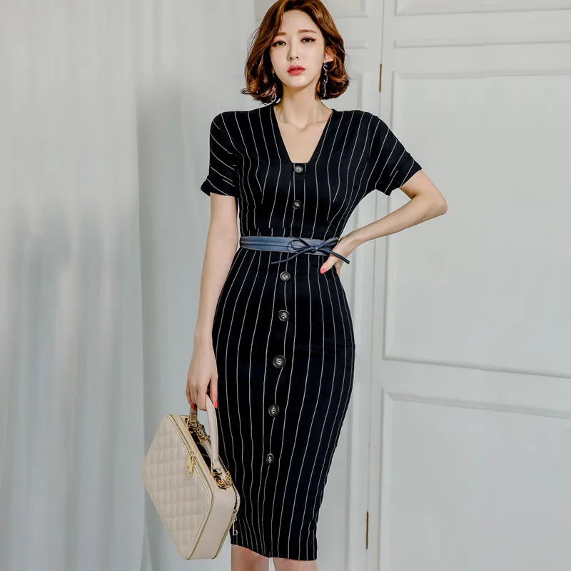 

Elegant V-neck Slim Waist Women Pencil Dress Single-breasted Office Ladies Vestidos Striped Bodycon Female Dress 2019 Summer