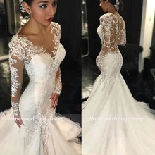 Свадебные платья Русалка Robe de Mariee, свадебное платье с глубоким вырезом, кружевное платье с аппликацией свадебное платье с длинными рукавами для невесты