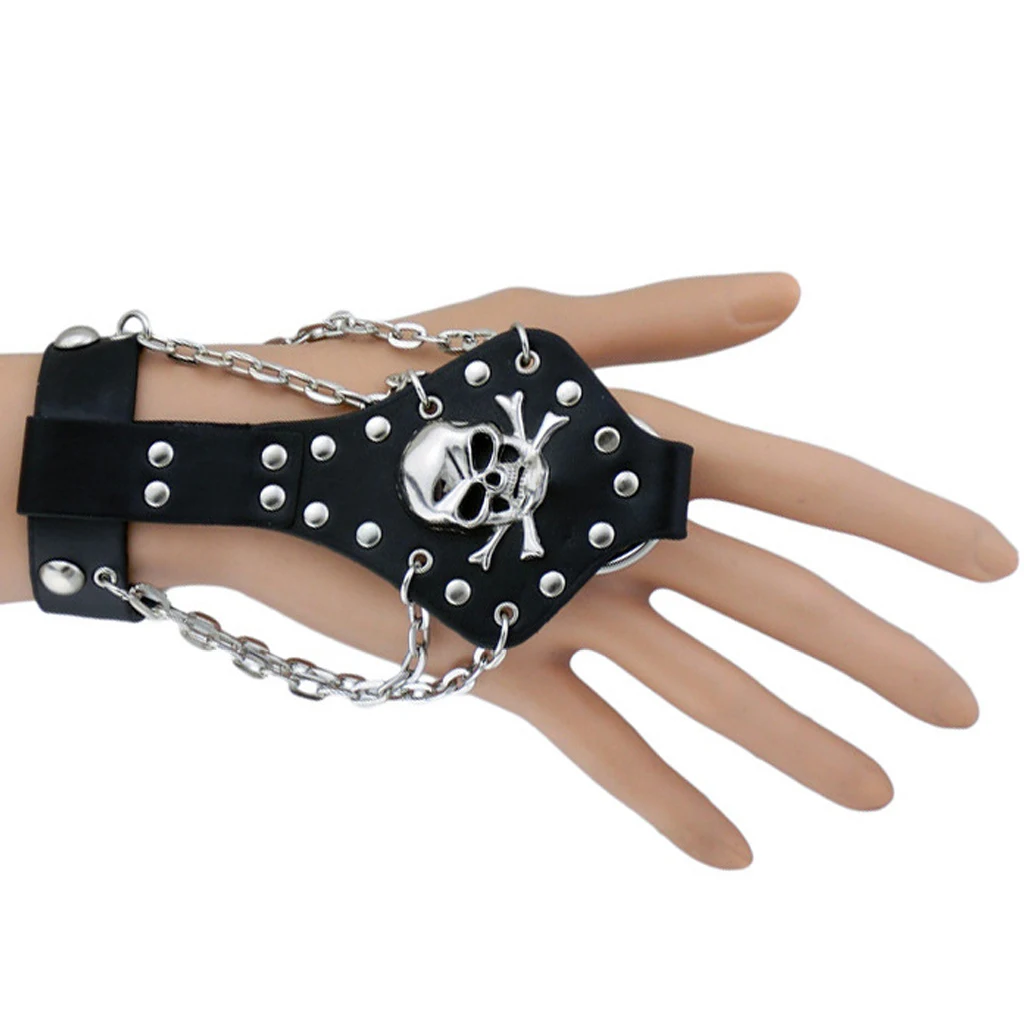 Gothic Punk Men's Biker Alloy Rivet Studs Leather Skull Skeleton Hand Finger Chain Bracelet