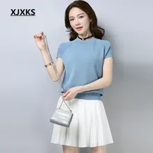 XJXKS льняные трикотажные женские футболки высокая эластичность Короткий рукав сексуальный дизайн сзади Ulzzang Твердые женские футболки