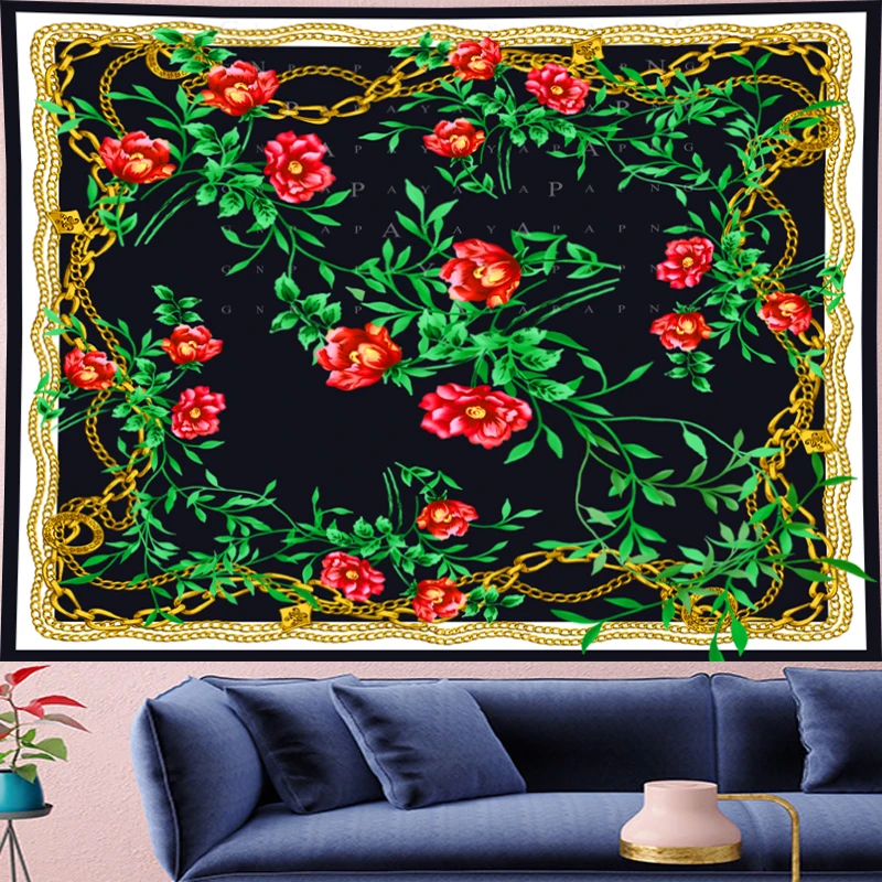 

Nordic Style macrame rose chain Tapestry Vintage red flower black Tapestries boho Wall Hanging farmhouse home decor