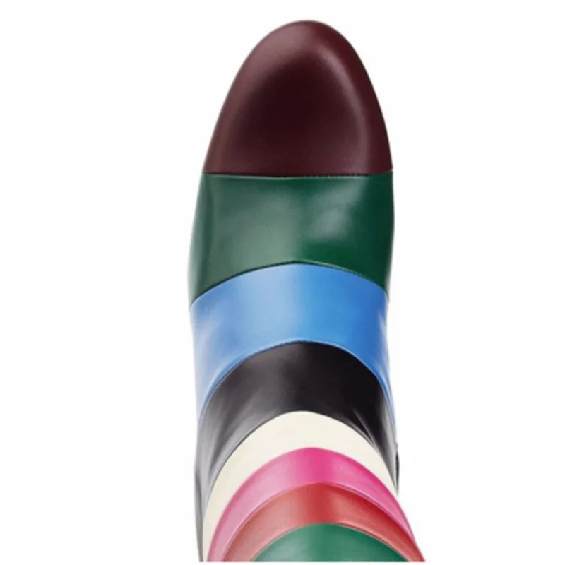 Pointu Coloré Mode Mélangées Picture Chunky Chaussures Latérale Femmes Mujer Genou Rond Bout Botas Bottes Haute Talons As Couleurs Hauts Glissière rr8HP0