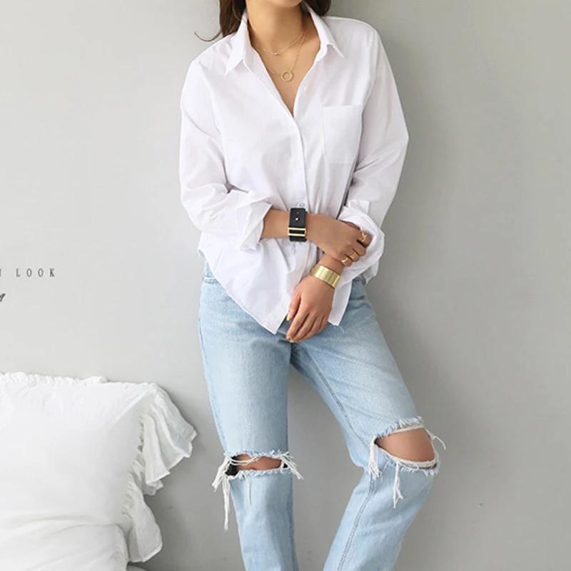 Koop 2019 Voorjaar Een Pocket Vrouwen Wit Shirt Vrouwelijke Blouse Tops Lange Mouwen Casual Turn down Kraag OL Stijl Vrouwen losse Blouses