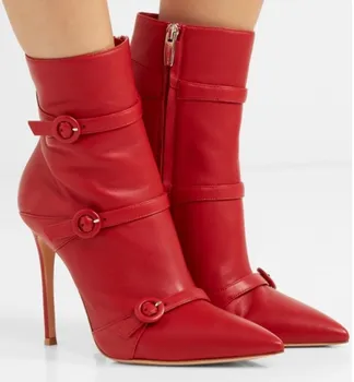 

Ankle Boots For Women Winter Shoes 10CM High Heels Platform Boots Women Pointed Toe Red Buckle Winter Boots Ladies Booties