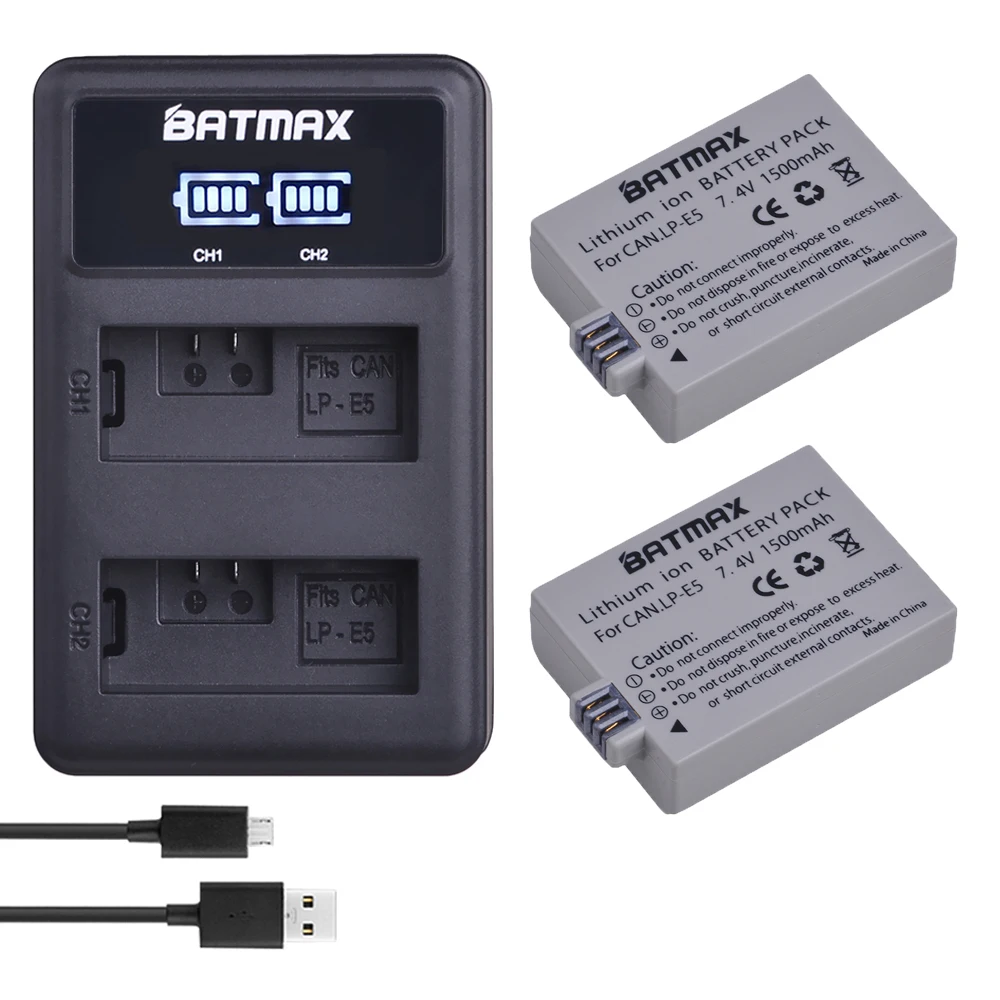 Batmax 2 шт. LP-E5 LPE5 LP E5 камера батарея+ светодиодный двойной USB зарядное устройство для Canon EOS 450D 500D 1000D Kiss X3 Kiss F Rebel Xsi