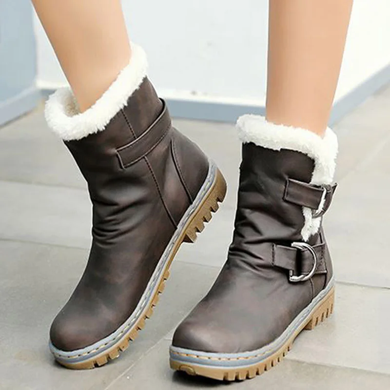 

TINO KINO Winter Women Fur Snow Boots Ladies Buckle Strap Flat Warm Fashion Ankle Boot Female Comfort Shoes Casual Plus Size