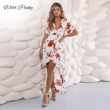 Женские Длинные Макси платья в богемном стиле с v-образным вырезом и коротким рукавом с цветочным принтом, летнее пляжное женское стильное платье Vestidos