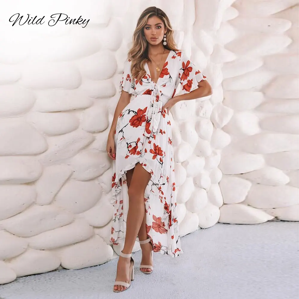 

WildPinky Women Long Maxi Dresses Bohemia V-neck Short Sleeve Floral Print Summer Beach Female Stylish Style Dress Vestidos