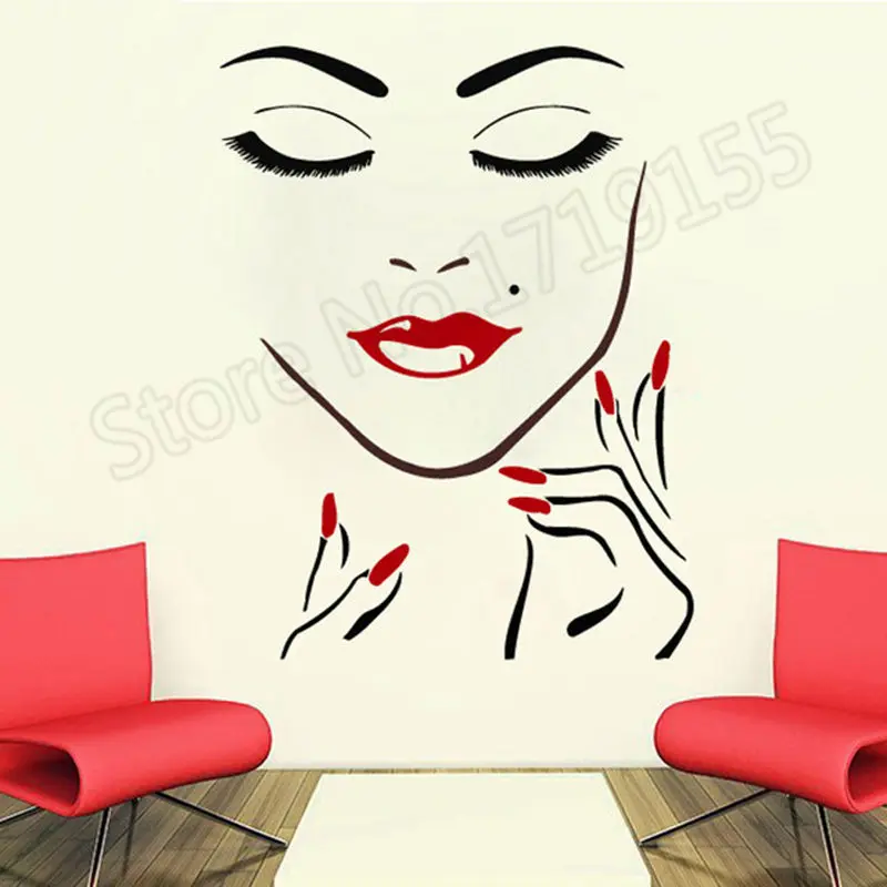 

Beauty Salon Girl Face Hand Manicure Nail Lips Wall Stickers Interior Long Lashes Closeup Mural Beauty Salon Makeup Decal ZW291