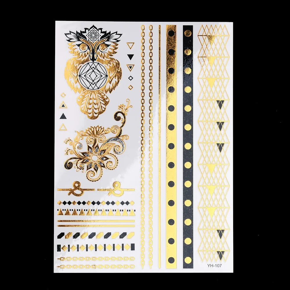 1pc Flash Sexy Products Metallic Waterproof Tattoo Gold YH-107 Flower Owl Wrist Bracelet Jewelry Temporary Makeup Tattoo Sticker