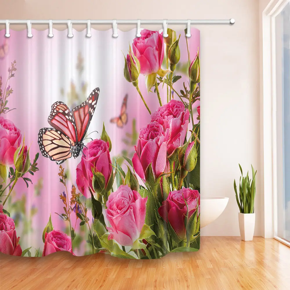 Butterflies and Roses Bathroom Shower Curtain Polyester Fabric
