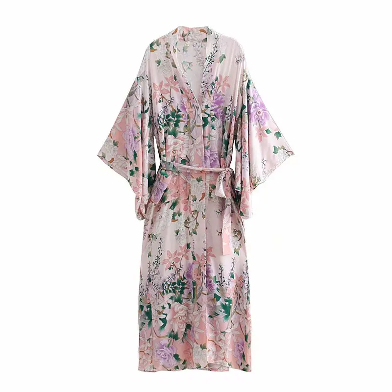 

women floral print casual loose long kimono blouse shirt women beach wear sunscreen femininas blusas sashes split tops LS3117