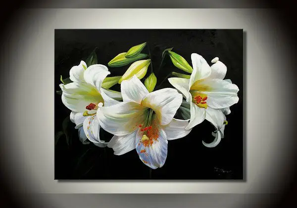 Óleo pintada a mano pura, fondo negro lirio blanco flor, envío gratis