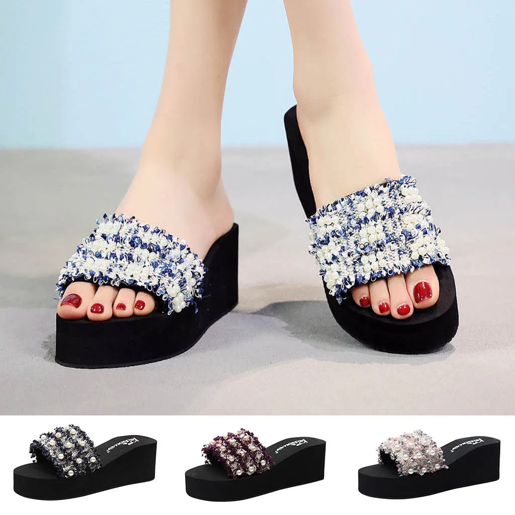 

Ladies Solid Color Pearl Bohemian Slope Flip Beach Sandals Sandals Slippers Girls Wedges Bohemian Style Sandals Beach Slippers