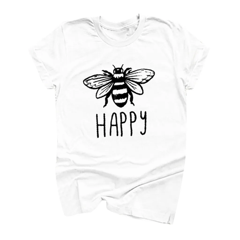 Женская футболка размера плюс, хлопок, круглый вырез, пчела, с принтом, короткий рукав, летняя, повседневная, Пляжная, свободная, женская рубашка - Цвет: White
