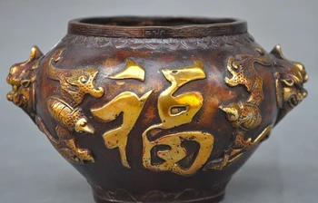 

6" Marked Old Chinese pure bronze Gilt Beast Head BatLucky Tank Pot Jar Crock