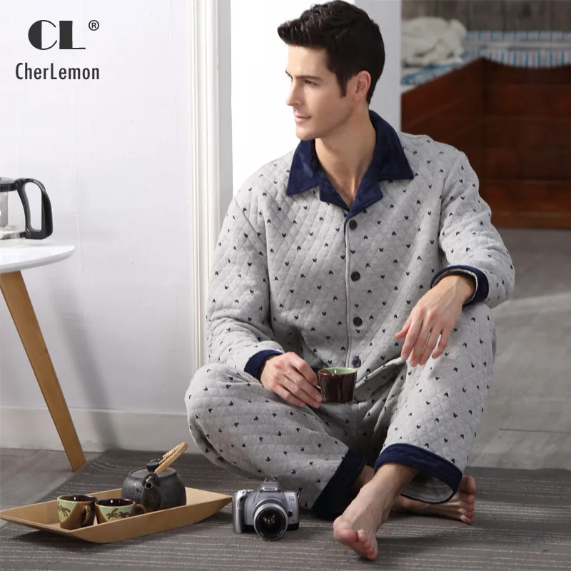 

Quilted Cotton Men Pajama Set Full Sleeve Winter Thick Pyjima Sleepwear Casual Polka Dot Warm Sleep Lounge Male Nightwear M-4XL