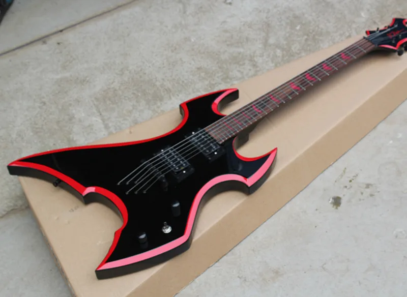 

Black Unusual Shape Electric Guitar with Red binding,White Inlay,Rosewood Fingerboard,Offer Customized