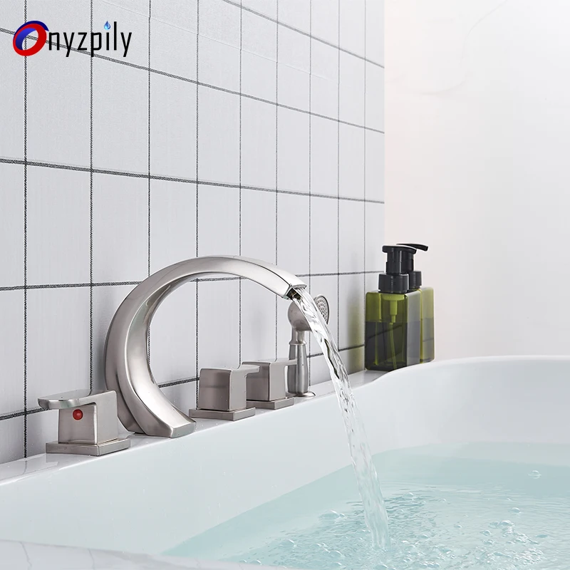 

Bathtub Faucet Waterfall Spout Tub Sink Mixer Tap "C" Shape brusehed Bathroom Hot Cold Water Faucet with Handshower