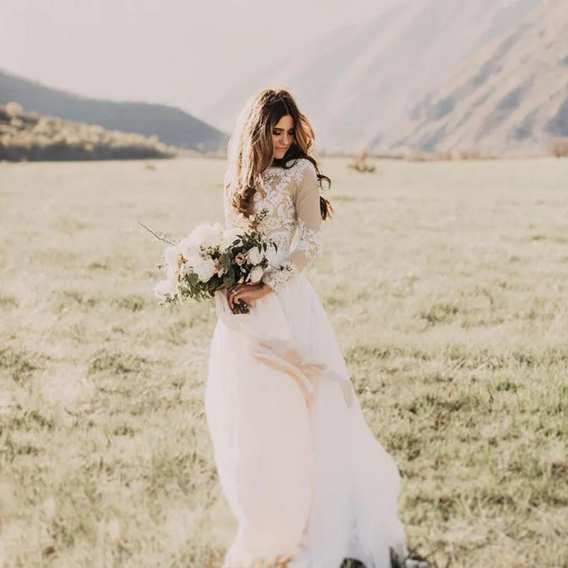 LORIE Boho Lange Mouwen Trouwjurk 2019 Robe de mariee Vintage Lace Top Nieuwe Dress Bridal Puffy Chiffon Trouwjurken LORIE Boho Lange Mouwen Trouwjurk 2019 Robe de mariee Vintage Lace Top Nieuwe Dress Bridal Puffy Chiffon Trouwjurken