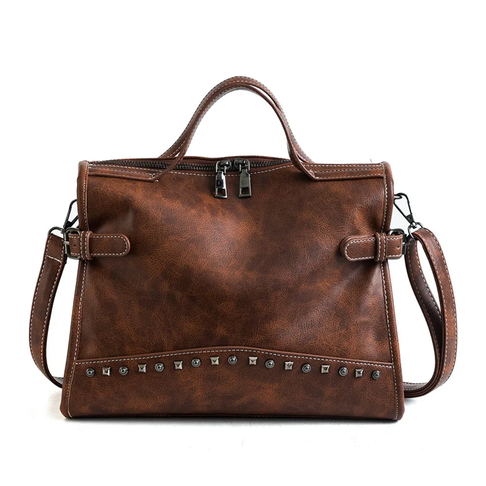 

Fashion Rivet Vintage women Handbag Quality Leather Messenger Bag lady Shoulder Bag Larger Top-Handle Bags Travel Bag
