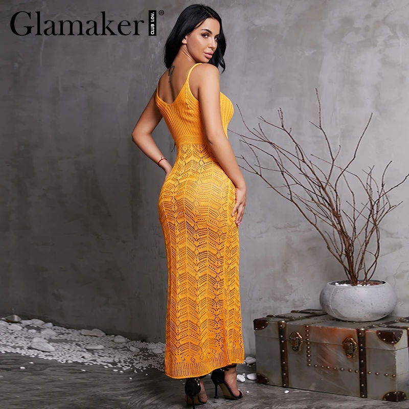 Glamaker, вязанное крючком желтое летнее облегающее платье для женщин, с вырезами, эластичный сексуальный сарафан, элегантное женское винтажное платье с v-образным вырезом, vestidos