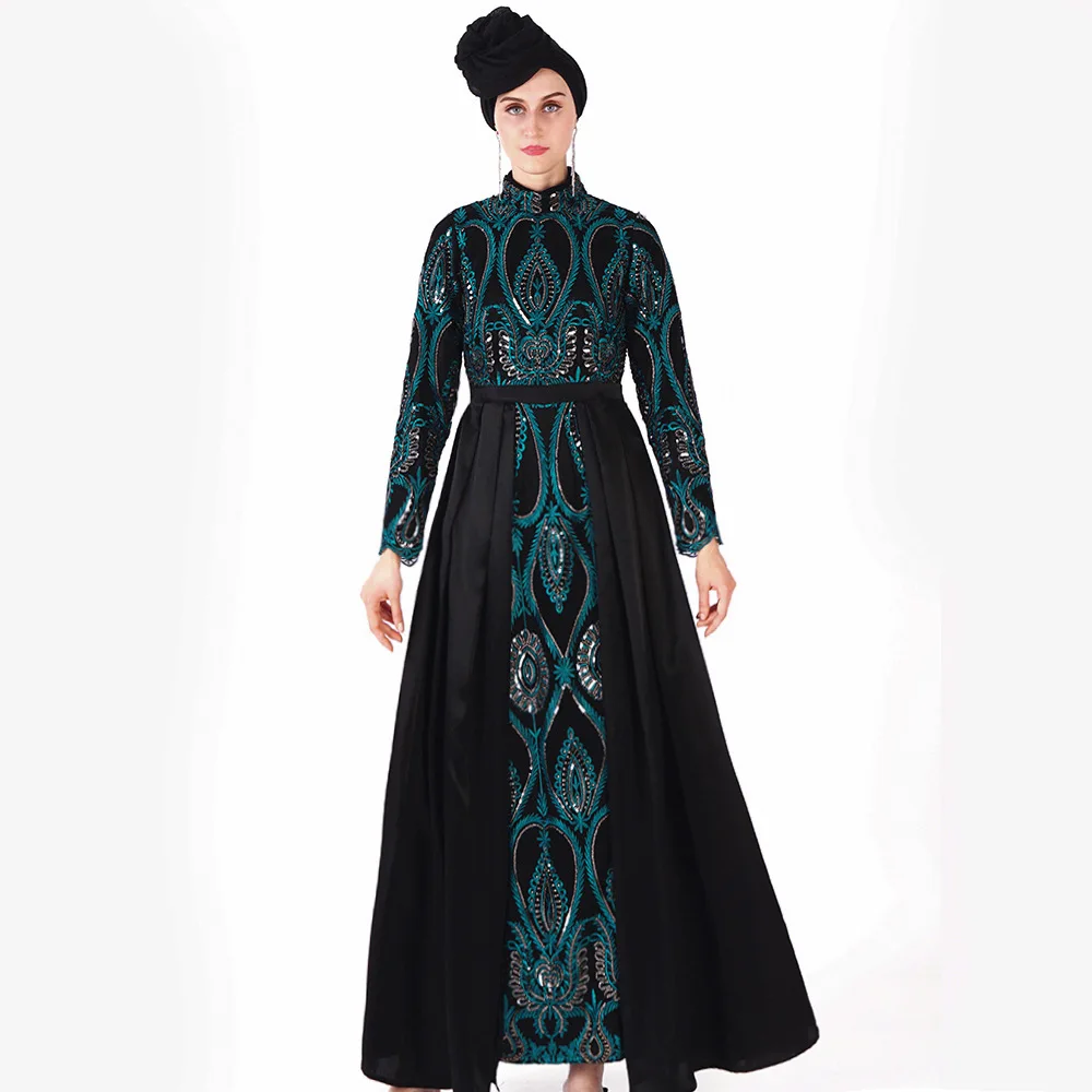 

2019 Ramadan Sequins Muslim Abaya Women's Maxi Prayer Dress Embroidery Robe Arab Islamic Clothing Full Length Dress L201
